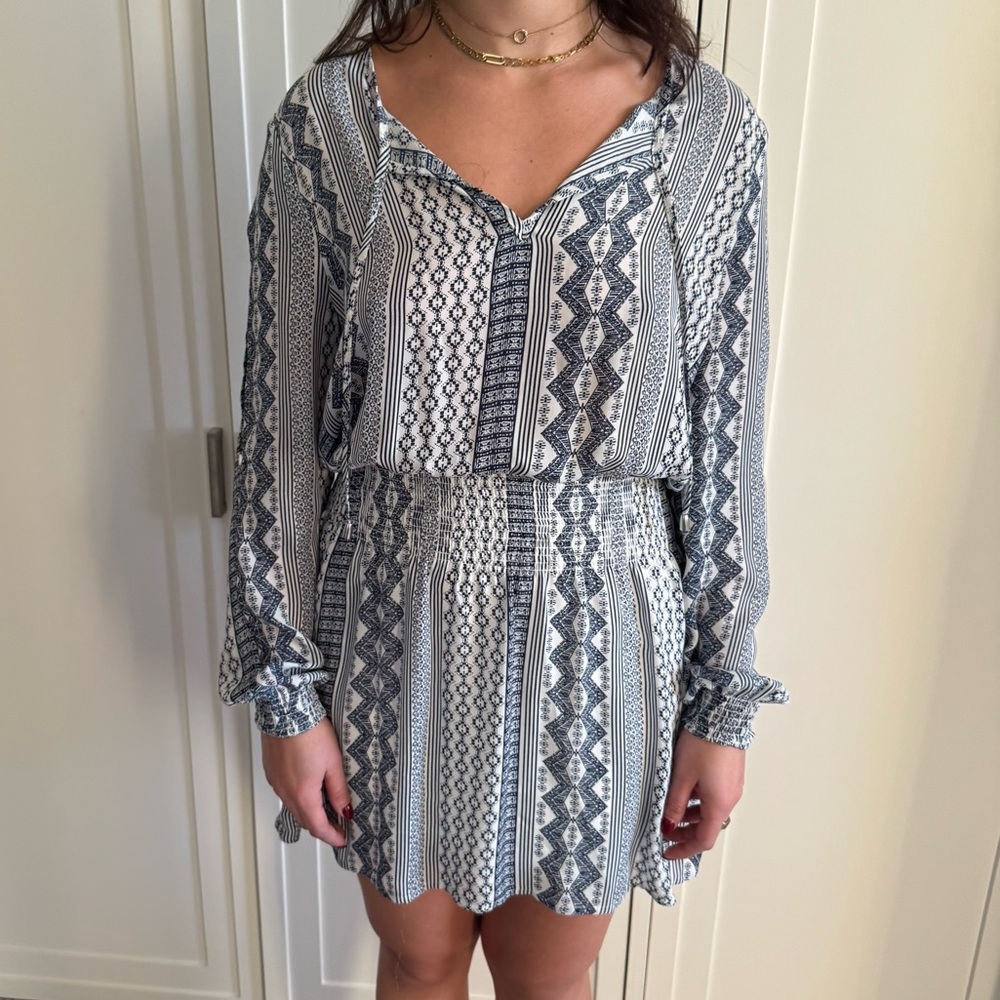 Jack by BB Dakota Blue & White Tassel Mini Dress in geometric print size medium